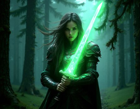 realistic female warrior, glowing green sword, dark enchanted forest, wind blowing leaves, intense gaze, highly detailed glowing armor, photorealistic fantasy setting, 
Standing with the sword held across the chest, both hands on the hilt, calm and focused expression,
Clusters of tall, straight pine trees with needles carpeting the ground, Moss-draped branches hanging low



