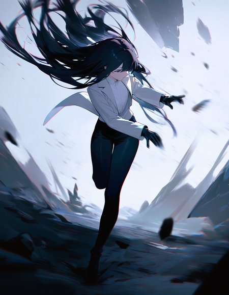 very awa, masterpiece, best quality, newest, absurdres, <lora:Gra0158>, abstract painting, brush strokes, long hair, solo, motion blur, black pants, pants, black hair, male focus, standing, shirt, gloves, black gloves, white shirt, standing on one leg, 1girl, full body, jacket, floating hair, debris, white jacket, grey background