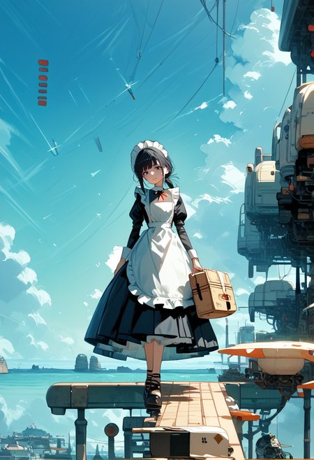 score_9, score_8_up, score_7_up, score_6_up, score_5_up, score_4_up, source_anime, 1girl, solo, 18yo, (slim face:1.5), (bangs:1.2), skinny, thin body, wide hips, thin thighs, full body, from above,
<lora:age_slider_v4:2> <lora:Expressive_H:1><lora:Kenva:0.8> <lora:naipf:0.6>
light smile, walking, looking at viewer, black hair, short hair, low ponytail, parted lips, maid cap, black long sleeve maid shirt, bow, (white apron:1.1), (black maid skirt:1.1), long skirt, (frilled apron:1.1), black footwear, (holding large old Travel trunk:1.4), sky world, scenery<lora:sky_world:1>