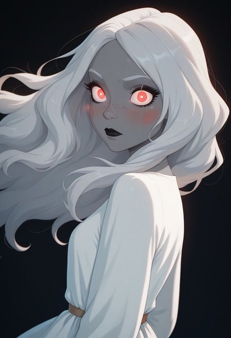 masterpiece, best quality, amazing quality, BSSPYCB, 1girl, solo, long hair, looking at viewer, blush, simple background, red eyes, dress, closed mouth, upper body, grey hair, white dress, from side, makeup, floating hair, colored skin, glowing, wavy hair, black background, glowing eyes, freckles, wide-eyed, ghost, white eyes, grey skin, dark background, long eyelashes, black lips,