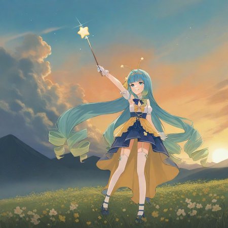 by midori xu, 1girl, jelly hoshiumi, 1girl, solo, blush, smile, blue eyes, very long hair, blue hair, small breasts, drill hair, blunt bangs, green hair, star (symbol), gradient hair, short antennae with star shapes on the ends, yellow bow, star hair ornament, yellow hairband, hair ornament, 2D anime, fantasy, sunny, day, (on a hill overlooking a field of flowers), looking up, slight smile, full body, pastel color pallet, watercolor texture <lora:Jelly_Hoshiumi_XL:1>
