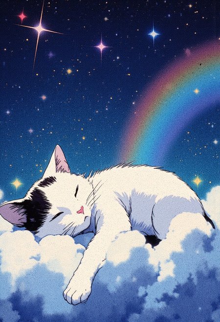 An illustration depicting a white and black cat lying comfortably on the clouds. The cat winks, its muzzle expressing satisfaction and peace. Against the background is the night starry sky with bright stars and rainbows, creating a sense of fabulousness and magic