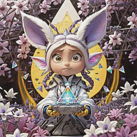 <lora:artfulltEIGHLEIGHEN2_SDXL_V:1.0>, arcanic summoner, chaotic good, minions, hologram, big ears, electric power eminates around her, pinkflowers,lavender, flowers, white flowers, irridescent, white background, outline neon, tree, pyramid, rainbow, masteripiece