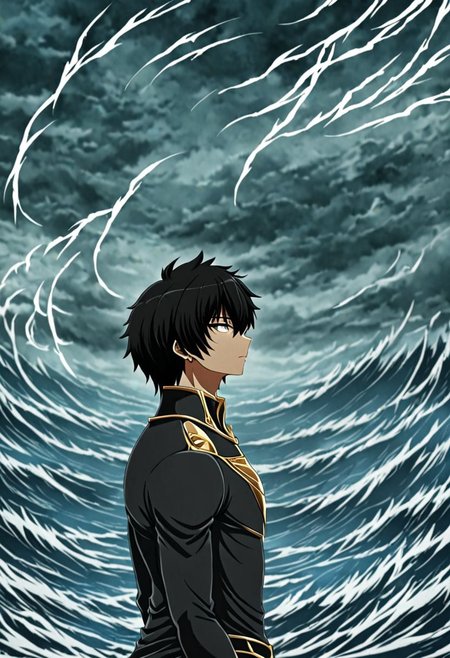 high resolution, solo, best quality, 1Boy, Seiya Kanie, black hair, short hair, thin, existential longing, fantasy background, strong wind, OverallDetail
