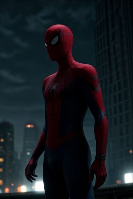Spider-Man in a red and blue suit on the background of a night city. He stands surrounded by cobwebs and looks directly at the viewer