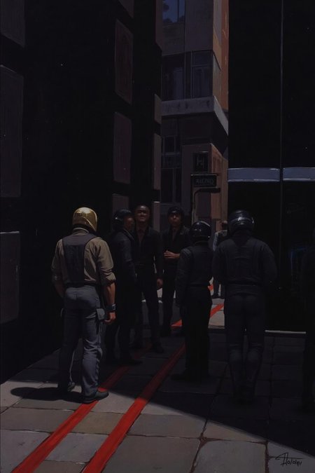 sydme1 painting 
A group of people in a dark alleyway, their shadows cast on the ground below their faces. The people are dressed in dark clothing, their faces covered by a helmet, and their faces are not visible. To the right of the people, there is a black wall with a white stripe running down the center of it. In front of the wall, there are two red lines, adding a pop of color to the scene. The background of the scene is dark, creating a stark contrast with the red lines.    <lora:sydme6_cap_d6a3:1.0><lora:811008757707363869:0>