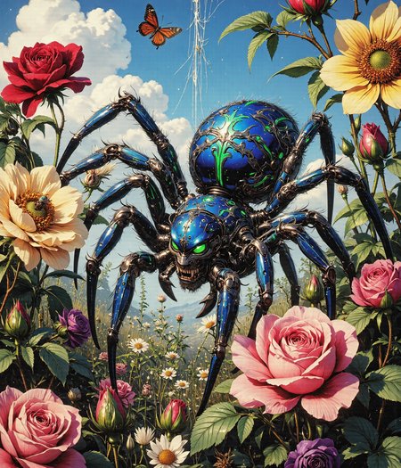 A breathtaking and hauntingly beautiful **cybernetic spider**, its **bright, matte cobalt blue body richly saturated and velvety in texture**, moves gracefully through a dense bed of blooming flowers, dominated by **blood-red roses, golden sunflowers, and sprawling emerald-green foliage.** Unlike a synthetic machine, the spider’s **surface is completely matte, absorbing sunlight rather than reflecting it**, making its **color appear even deeper and more vibrant in the daylight.**  

Intricate **neon green markings** cover its legs and abdomen in bold, natural streaks—**sharp, vivid, and eye-catching, yet without any artificial glow.** The markings resemble **evolved camouflage or organic patterns**, adding an almost mystical quality to the creature, as though it belongs to an undiscovered species thriving in this floral paradise.  

The **spider’s eight deep-green eyes**, non-reflective but rich with color, move carefully as it observes the world around it. Each movement of its **long, gracefully curved legs** is precise and effortless, pressing gently against the delicate petals beneath it. Its presence is both **striking and strangely serene**, blending seamlessly with its vibrant surroundings.  

The **background is bathed in brilliant daylight, with a clear blue sky stretching infinitely overhead.** Soft, **fluffy white clouds drift lazily across the horizon**, casting occasional dappled shadows over the landscape. The golden sunlight pours down, illuminating the **lush green leaves and the velvety petals of the surrounding flowers, enhancing their deep, natural hues.** The warm, fresh air is thick with the **scent of blooming roses and wildflowers, carried by a soft, occasional breeze.**  

The flowers around the spider are **wild and abundant**, their petals unfolding in rich, vibrant shades of **scarlet, yellow, and violet.** **Bees and butterflies flit between the blossoms, their wings catching the sunlight in dazzling patterns.** Some flowers seem **larger than life**, as if nourished by something more potent than nature alone, their petals spreading open like delicate silk against the wind.  

Suspended between the thorned stems are **intricately woven spiderwebs, glistening faintly in the sunlight.** Unlike artificial or synthetic strands, these webs are **completely organic, thick but symmetrical, spun with masterful precision.** The spider moves methodically, **adjusting the strands with careful efficiency, as if it is not just weaving a trap but crafting an intricate, hidden masterpiece.**  

The **sun shines warmly**, casting soft, **golden highlights across the spider’s cobalt blue body, making its neon green markings stand out even more vividly.** The **light filters through the petals, creating a glowing tapestry of natural color**, painting the world in a **brilliant blend of warmth and beauty.** The contrast between the **intense matte blue of the spider and the sun-drenched landscape** is both **stunning and surreal, a rare and extraordinary sight beneath the endless sky.**  

Rendered in **hyperrealistic digital art**, every **texture, surface, and color is captured in breathtaking detail**, emphasizing the contrast between the **spider’s bold, otherworldly coloration and the lush vibrance of its natural surroundings.** The absence of artificial lighting or exaggerated effects ensures the scene feels **realistic yet mesmerizing, as though this creature truly exists in a world where the extraordinary blends seamlessly with the ordinary.**  

A perfect fusion of **natural wonder and surreal beauty**, where **a creature both vibrant and haunting moves silently through a world of vivid sunlight and endless bloom**, beneath the warm embrace of the **daylit sky.**  


Art in the style of Yomu_Yakadashi, black widow, G0thicL1nes, bontanica, modernretroanime, cybernetic-spider, dreamscape7X, Jedcyb3r, Jedspl4tt,