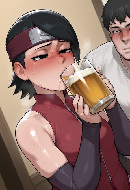 score_9, score_8_up, score_7_up, score_6_up, masterpiece, best quality, very aesthetic, absurdres,  krekkov style,
1girl, sarada, black eyes, black hair, short hair, headband,
saliva, nose blush, drooling, sweaty, sweat, 
frcdtdrnk, forced to drink, holding cup, drinking glass, beer, drinking, alcohol, drunk, couple
dutch angle,
