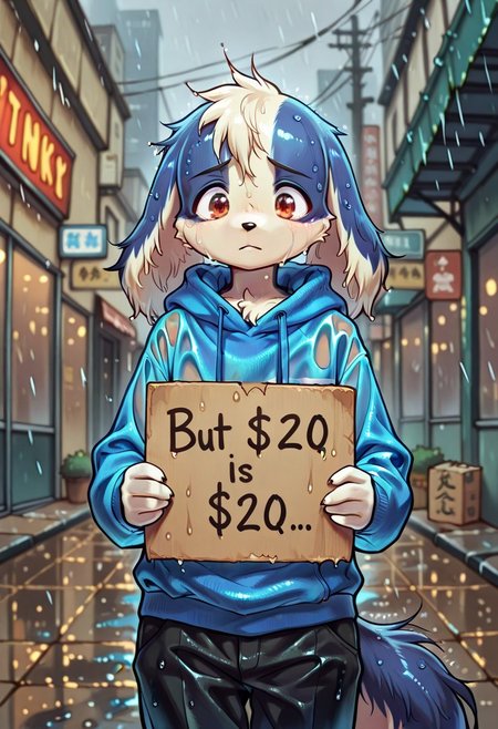 solo, 1boy, changle, furry, claws, sad, wet body, BREAK wet clothes, black pants, blue hoodie, BREAK cowboy shot, outdoors, raining, 20is20, holding sign, cardboard sign, BREAK ((ultra-detailed)), ((best quality)), ((beautiful eyes)), ((extremely detailed)), 4K, (8K), best quality, (beautiful), Master piece, highres, best quality, official art, highres, masterpiece, detailed background, high quality background,
