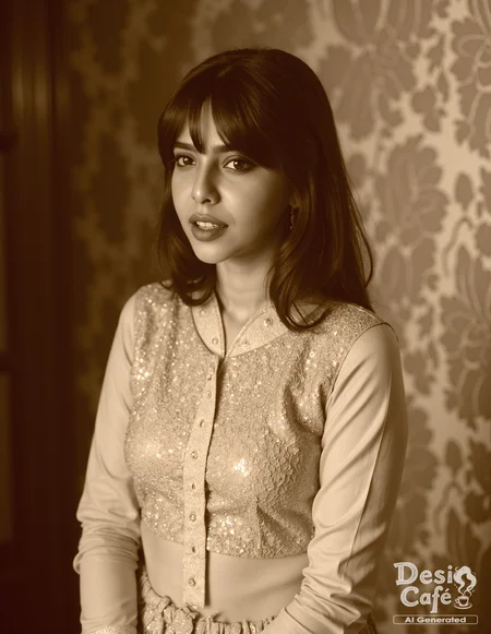 vintage sepia photo of Aishwarya Lekshmi woman, hyper realistic photo that is safe for work, angry, studio quality image, well dressed wearing intricate long sleevedJeans_with_kurta, hair styled as bangs,muted shaded wallpaper background that contrasts with the person, cinematic lighting,âââââ <lora:Aish_Lekshmi_Flux_Kohya_V1-step00000300:1>âââ