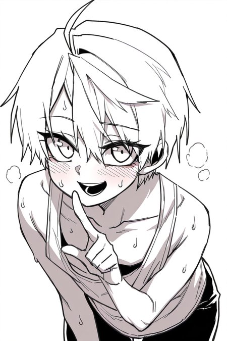 Score_9, score_8_up, score_7_up, masterpiece, best quality, newest, absurdres, highres,HongiLtak, sweat, solo, male focus, 1boy, looking at viewer, blush, ahoge, open mouth, leaning forward, short hair, smile, index finger raised, tank top, collarbone, monochrome