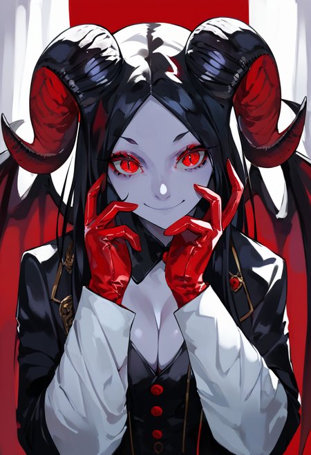 score_9, score_8_up, score_7_up, score_6_up, <lora:LAMXL_P6_lokr_V4236:0.95> 1girl, horns, red eyes, wings, solo, black hair, cleavage, looking at viewer, breasts, demon girl, demon horns, demon wings, gloves, upper body, hands up, colored skin, closed mouth, long sleeves, red gloves, smile, jacket, red background, black jacket, straight-on, red theme, curtains, slit pupils, parted bangs, sitting, long hair, red wings, curled horns