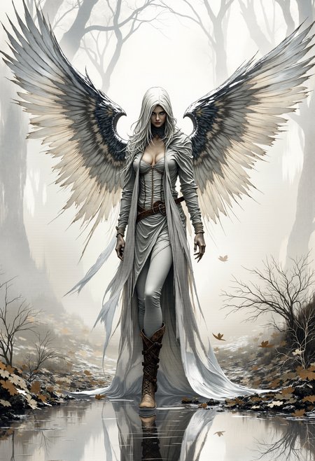 fg, dystopian style of a female angel with wings. Her white hair covers part of her beautiful face and upper body.
She wears a medieval beige elven coat that reaches down to her knees and is cut off there, brown leather boots.

She has large wings extending from her back. The symmetrical wings are menacing, with visible feathers; they are spread wide and fill the upper half of the picture.

She stands relaxed between scattered trees on a withered, grassy steppe. The ground is littered with leaves. At golden hour, autumn, autumn leaves.
Before her lies a small, tranquil lake, its surface like glass, reflecting her silhouette with a serene, mirrored precision. The reflection dances slightly with the gentle ripple of the water, capturing the ethereal beauty of the moment.