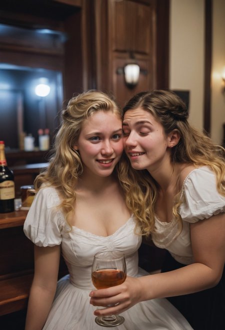 Darker lighting and atmosphere. Sensual and turned on by each other. Drinking sacrament wine.  More drunk. One woman has large breasts.Hyper realistic. More drunk and wasted. Two Mormon sister missionaries getting drunk in their apartment after a long day proselyting. They are obviously visibly very intoxicated.  Leaning together lovingly. Very drunk eyes. Very drunk sultry eye contact. more drunk expression. Disheveled hair. (((Falling, tripping, staggering, dizzy, sleepy))). (((blackout drunk))).Realistic skin. Film grain. Typical lighting wearing a nice modern dress. (((20 year old Mormon Temple square sister  missionary))). Her hair is very disheveled. She drank a lot of tequila(((heavily lidded, drunk eyes))) incoherent, and completely hammered.
 (((incoherent, wasted))) very  drunk. realistic photo.{{{increasingly wasted}}} after having way too much to drink.  (((falling down))) drunken expression. cinematic lighting. (((Flirting))). Soft contented smile. She's completely wasted and wants to have sex tonight.