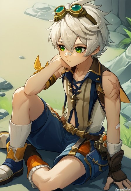 score_9, score_8_up. score_7_up, Expressiveh, source_anime, anime illustration, masterpiece, best quality, vibrant, sasoritagame,
BREAK
1 boy, bennett,green eyes,white hair,hair between eyes,short hair,bangs,googles,goggles on head,bandaid,bandaid on face,bandaid on nose,sleeveless,scar,scar on arm,shorts, skinny, thin male, slim male, anorexic, shortstack male,
valley, resting, sitting, rock