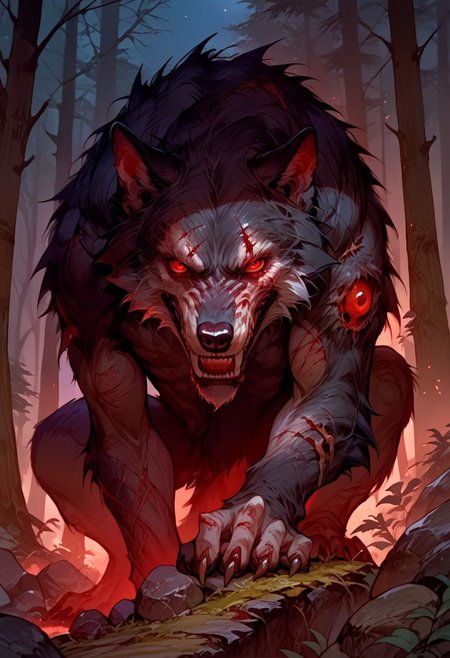 score_9, score_8_up, score_7_up, source_anime, solo, looking at the viewer, ( Giant wolf, wounds, red eyes, teeth, black fur, tail), scary, simple background, (detailed image, high resolution, 5k resolution:1.0),  (forest, rocks, plants, night, dark)