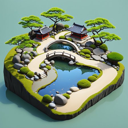 iszsks <lora:Isometric_Cutaway:1>, japanese garden, zen,  Raked Gravel or Sand, Stone Pathways, Bonsai Trees, Pond, Water Features, Rock Arrangements, Ishi, Lanterns Tōrō,  bamboo, no humans, isometric view, cutaway, diorama, miniature scene, isometric cutaway, masterpiece, best quality,