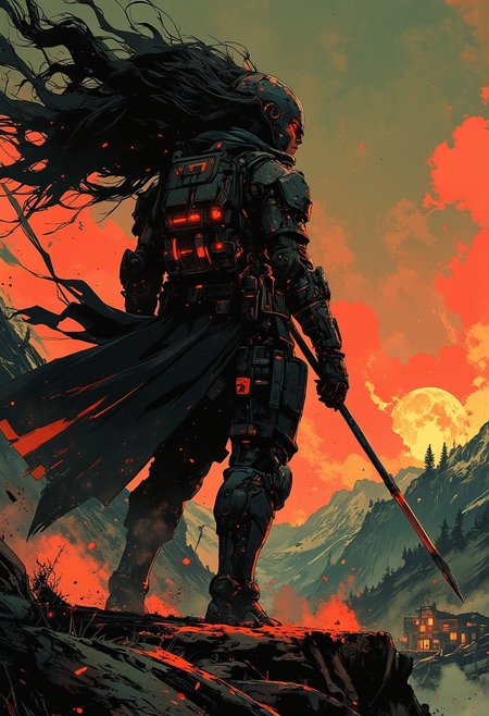 in the style of ck-mgs, nistyle, Inkplash art on rice paper, sepia, henna, Silhouette Art, magnificent, inksplash, closeup portrait, female spartan warrior, flowing black hair, reflective black and neon red armor, futuristic armor, holding a futuristic spear, abstract background suggesting a mountain top, overlooking a village in a valley, midnight atmosphere, moonlight, moon rays, night, Cowboy Shot, close up,