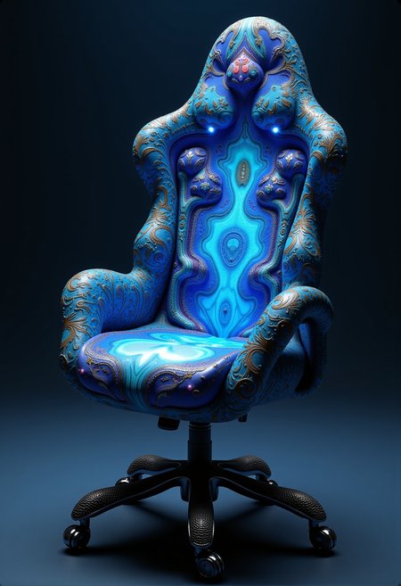 ffffx10. this is a highly detailed. A gaming chair with a design inspired by the masters of surrealism. Its form flows in an organic, almost dreamlike manner, as if shaped by imagination itself. The surface is adorned with intricate, shifting patterns that seem to defy reality, with glowing opal-like inlays pulsating from within. The armrests twist elegantly, merging seamlessly into the structure, while the headrest appears to hover slightly above, held in place by unseen forces. The sturdy five-section metallic base with caster wheels is adorned with the same ethereal glow, giving it an otherworldly presence. The background is deep, dark, and enigmatic, enhancing the chair’s mysterious aura and dreamlike appeal.

