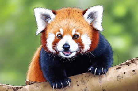 Sharp image of a rough sketch, rendered in vibrant multi colour ballpoint pen, capturing the adorable features of a close-up of a red panda sitting on a tree branch. The panda is facing the camera and appears to be looking directly at the camera with a curious expression. Its fur is a reddish-brown color with white patches on its face and ears. Its eyes are dark and alert, and its mouth is slightly open, as if it is about to pounce. The background is blurred, but it seems to be a natural environment with green foliage. The tree branch is covered in dirt and there are a few leaves scattered around.  p3nsk, <lora:p3nsk:1>