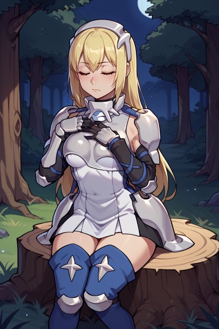 score_9, score_8_up, score_7_up, score_6_up, source_anime, BREAK 1girl, solo  <lora:aiswallenstein-pdxl-nvwls-v1:1> ais wallenstein, hairband, armored dress, gauntlets, black gloves, thigh boots, closed eyes, hand to own chest, forest, night, sitting, tree stump