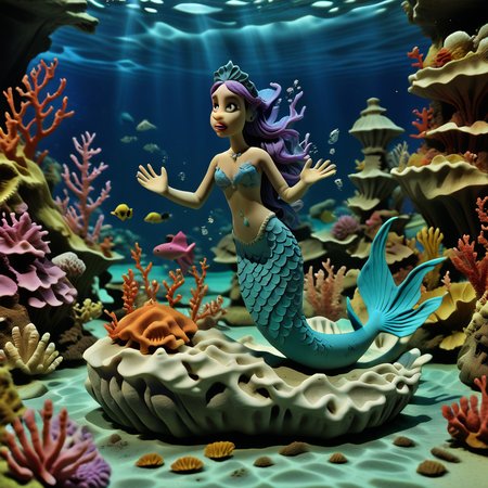 <lora:claymation-style_a31_xl_1:1>,claymation-style,clay,woman,mermaid,underwater,