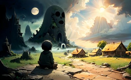 studio ghibli, darkest small necropolis night of the envy sitting hiding tiny dead wast (landscape:1.1), moon, eclipse, fog, BREAK lovely day of the happy living thriving busy , (village:1.1), city, sun, god-rays, highly detailed, landscape, panorama, wide-angle, moody, atmospheric, masterpiece, high resolution, hdr, 8k, composition, shadows, clouds, complex, <lora:- SDXL - vanta-black_contrast_V3.0:0.7>, <lora:- SDXL - otclillsn_impossible_geo_V1.0:0.7>, <lora:dfantasy:0.8>, <lora:The_Simplest:0.8>, <lora:DonMP41n717Bl4ckXL:0.4>, <lora:SDXL - Style - EldritchRomanceIllustration1.3.1:0.4>, <lora:artfullyECHELIER_SDXL_V1:0.4>