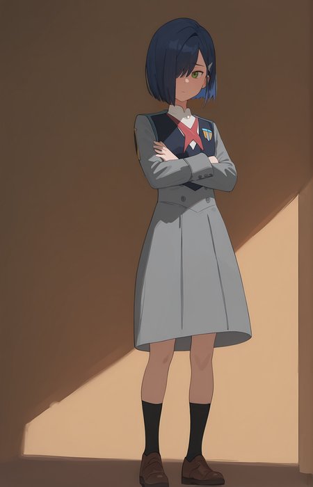 perfect quality,high quality,masterpiece,best quality,amazing quality,very aesthetic,absurdres,Cinematic Lighting,newest,
front view,full_shot,Raised eyebrows,
IchigoCYQL,1girl,solo,blue hair,short hair,green eyes,hairclip,hair ornament,hair over one eye,uniform,military uniform,dress,grey dress,long sleeves,socks,black socks,shoes,brown footwear,
full body,standing,crossed_arms,,
brown background,simple background,
<lora:spo_sdxl_10ep_4k-data_lora_webui:0.7>,<lora:MinimalistFlatColorXL_byKonan:0.5>,<lora:96YOTTEA-WAI:0.8>,,<lora:IchigoCYQL:1>,