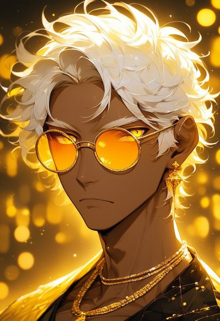 score_9, score_8_up, score_7_up,  
c0l0r1f1c4t10n0r4ng3,ColorificationOrange,Colorification Orange, solo, looking at viewer, short hair, 1boy, jewelry, closed mouth, yellow eyes, white hair, male focus, earrings, glasses, dark skin, necklace, blurry, depth of field, blurry background, sunglasses, dark-skinned male, ring, portrait, round eyewear, tinted eyewear, gold, yellow theme, orange-tinted eyewear