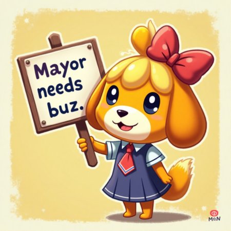 Isabelle from Animal Crossing holding up a sign that reads “Mayor needs buzz”