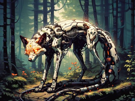 score_9, score_8_up, score_7_up, score_6_up,  <lora:cyb0rgXLP:0.8> cyb0rg, solo, science fiction, cable, mechanical parts, black, feral, full body, glowing eyes, forest, fox