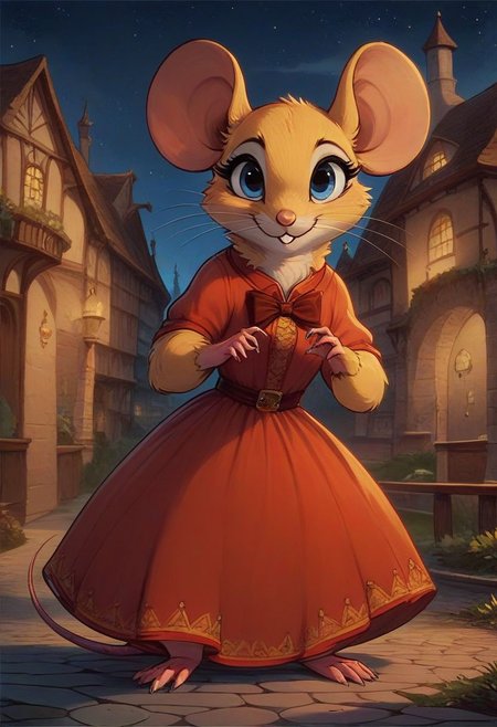 score_9, score_8_up, score_8, solo, (fluffy), feral, (feral), ((outdoors)), (((mouse))), female, blue eyes, yellow fur, yellow ears, claws, (fluffy cheeks:0.5), (simple red dress), in the style of beatrix potter, (cartoon style) fca style, cel-shading, village, solo, (solo:1.5), night, dark,