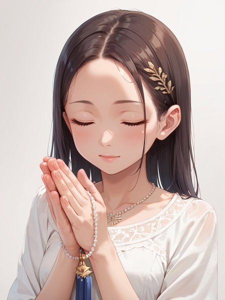 score_9, score_8_up, score_7_up,(source_anime:1.0), high res image,masterpiece,best quality,girl,cute face,clear skin,shiny hair,ultra detailed eyes,simple background <lora:jyuzu_pony_V1.0:0.7> jyuzu, own hands together, holding,white jewelry,close eyes,