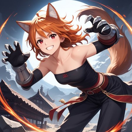 mullet hairstyle,red eyes,orange hair,
wolf ears,wolf tail,bent over
tubetop,clawed gauntlets,skiryt
smiling at viewer
acrobatic pose,action pose
cowboy shot
score_9, score_8_up, score_7_up,  masterpiece, best quality, source_anime, source_hentai,  uncensored, detailed background,