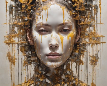 Hyperrealistic art Technopunk,photolab,Kodak portra,Light caustics,Color splash,Multiple layers of silhouette,Pencil painting,trending on CGSociety,"Through shattered mirrors of memories,reflections of a soul emerge,fragmented yet beautiful.",dripping fluorescent white,(Wonderful, intricate),(a superb Art Brut Decollage art),<lora:Sweet_Sticky_xl-01:1> . Extremely high-resolution details, photographic, realism pushed to extreme, fine texture, incredibly lifelike