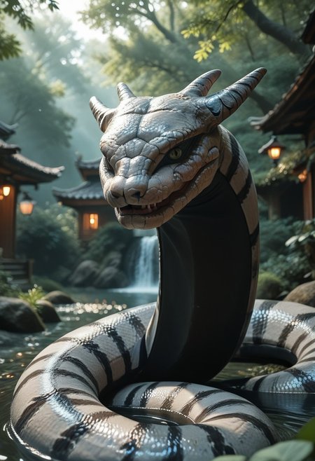 (((score_9, score_8_up, score_7_up)):2.0), source_photo, hyperrealistic, photo, photorealism,  realistic lightings, Dynamic Lighting, s1_dram, Warm lighting, Japanese garden, cherry trees, detailed background, (((Naruto_Manda, snake))), slit pupils, green eyes, purple body, body markings, black eye markings, 2 pair of horns, black belly scales, highly detailed, cinematic lighting, realistic shadows, skin texture realistic, masterpiece, award winning photography
