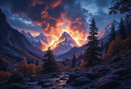 Explosions, apline forest, snowy mountains, uneasiness, eerie sky, foggy, night, sci-fi, colorful, glowing, stars, hyper-realistic, 