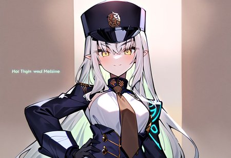 1girl, Melusine \(fate grand order\), fate grand order, solo, long hair, hat, white hair, pointy ears, yellow eyes, peaked cap, jacket, black gloves, hand on own hip, closed mouth, hair over one eye, looking at viewer, brown necktie, large breasts, eyes visible through hair, smile, long sleeves, gloves, upper body, light green hair, character name, necktie, breasts, english text, blush, black headwear, white jacket, 
masterpiece,best quality,  newest, absurdres, safe <lora:ag31_twin_fp8-000036:1>