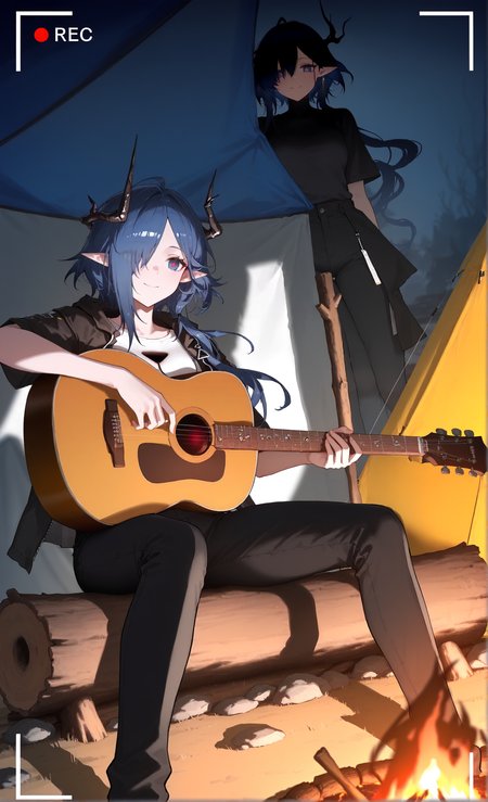 masterpiece, sharp detail, intricate detail, hair shader, detailed hair, 1girl,  <lora:Ermengarde:0.7>, ermengarde \(arknights\), hole in chest, blue hair, blue eyes, red pupils, horns, hair over one eye, acoustic guitar, sitting, on log, campfire, tent, holding acoustic guitar, smile, sideview, dynamic angle, black pants, open jacket, t-shirt, playing instrument, recording, volumetric lighting, dramatic shadows, cinematic lighting, detailed background,
