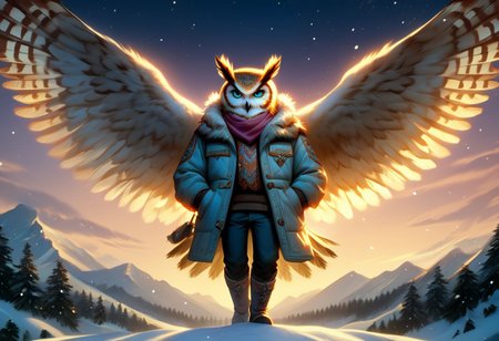 score_9, score_8_up, score_7_up, score_6_up, score_5_up, score_4_up, high quality, hires, (high quality, highres, masterpiece) (high quality, highres, masterpiece), (masterpiece,high quality,8k), sc3nery snow, falling snow, snowy mountain, orange sky, sunset, purple sky, dynamic lighting, cinematic lighting, score_9, source_anime, 1boy, solo, full body, 1boy, ((solo)), male, owl, owlfolk, white feathers, tail feathers, wings, pink winter jacket, blue eyes, pants, snow boots, dynamic angle, standing, hands in pockets,