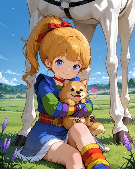 IllusP0s, PonyScores7, source_anime, ah1, IllustriousQual, interesting, exciting, spectacular, wonderful,
BREAK (Freeze Frame shot),
BREAK 1girl, <lora:Rainbow Brite Illustrious 1:0.6>, Rainbow Brite, Starlight, A white horse with a rainbow mane, <lora:shinyskin2:0.2>, glistening skin,
BREAK  (blonde hair), long hair, hair bow, updo ponytail, <lora:hairdetailpxl:0.2>, hairdetailpxl,
BREAK (blue eyes), <lora:expressive eyes:0.2>, expressive eyes, <lora:eyedetailpxl:0.2>, eyedetailpxl, <lora:Eyes_High_Definition:0.2>, EyesHD,
BREAK ((heart-breaking)), <lora:Expressive_H:0.2>, Expressiveh, <lora:Emotional_Anime_Expressions_PonyXL_Concept:0.2>, emotional, <lora:Best_Facial_Expression_LoRA_PONY:0.2>, looking at viewer, <lora:Detailed expressive EXEV style -XL Pony V1.0:0.2>, FaceDetail,
BREAK ((sitting on the ground, hugging a oversized dog)),
BREAK (Choker, Fingerless Gloves, rainbow Leg Warmers, multicolored dress, harness, belt, boots, rainbow sleeves),
BREAK (((a picturesque view of rolling hills covered in blooming lavender, where the vibrant purple flowers create a stunning contrast against the green landscape))),
BREAK <lora:xl_more_art-full_v1:0.2>, <lora:aesthetic_anime_v1s:0.2>, <lora:EpicF4nta5yXL:0.2>, <lora:detailxl:0.2>, detailxl, <lora:Fant5yP0ny:0.2>, best quality, amazing quality, best aesthetic, absurdres, illustration, Volumetric_Lighting, ultra-detailed, very aesthetic, intricate details, 8k, masterpiece, best_quality
BREAK Stable_Yogis_PDXL_Positives, AS-Adult, <lora:Complicated fantasy portrait - XL Pony V2.0:0.2>, bad-hands-5, <lora:HDA_Detailer:0.3>,