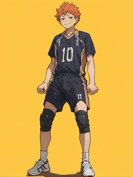 perfect quality,high quality,masterpiece,best quality,amazing quality,very aesthetic,absurdres,newest,
front view,full_shot,Raised cheeks with closed eyes (smiling with joy),
HinataShoyoCYQL,1boy,male focus,solo,short hair,orange hair,brown eyes,volleyball uniform,sportswear,short sleeves,knee pads,shirt,shorts,black shorts,sneakers,shoes,
full body,standing,caramelldansen,,
yellow background,simple background,
<lora:spo_sdxl_10ep_4k-data_lora_webui>,<lora:NOOB_EPSv1_1_detailer_by_vlnvk_v1_0>,<lora:shiej007>,,<lora:lora-000007.by_tusi:1>,