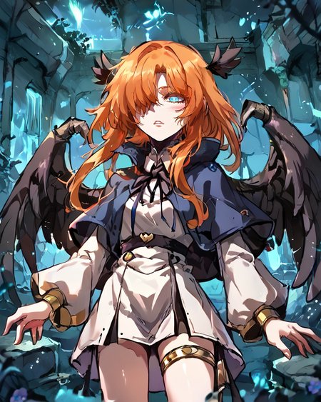 (score_9, score_8_up, score_7_up), source anime, indoors, forest, night, ruins, (night), stars, cosmos, <lora:backgroundsetXL:0.2> , background, woman ruins standing, <lora:Expressive_H:0.8> , expressiveh, female focus, blush, looking at viewer, <lora:HandFixer_pdxl_Incrs_v1:0.45> , handfixer, depth of field, highly detailed,(cowboy shot),  <lora:StS_detail_slider_v1PonyXL:2>, detailed, clutter,   <lora:NLSTN:0.6> , NLSTN, dark, glowing,  <lora:No._367__Sannrokunanagou:0.7> , thrdef, 1girl, orange hair, long hair, medium hair with long locks, (hair over one eye), blue eyes, wings, black wings, feathered wings, dress, white dress, short dress, blue cloak, popped collar, neck ribbon, black ribbon, center opening, long sleeves, thighlet,  <lora:Manhwa-Artstyle__PonyXL__Shufflebox:0.8> , Manhwa-Artstyle, anime_source,