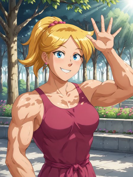 core_9, score_8_up, score_7_up, BREAK, M0sc0l4rCl0v3r, 1girl, blue eyes, blonde hair, ponytail, pink dress, muscular female, outdoor, garden, smile, upper body, raise left arm, day, outdoor, waving, looking at viewer, sunlight, shadows, natural lighting, sunlight, light particles, light rays, sunbeam, dappled sunlight  <lora:Muscular_Clover-000009:1>