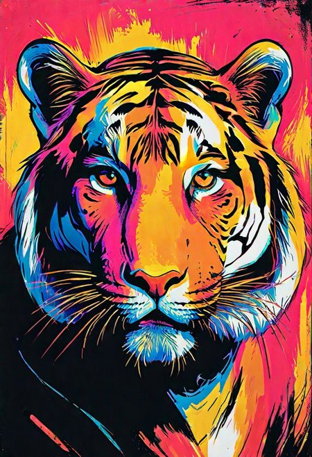 impactful color paint of, a Tiger, highly detailed, vibrant colors , 8k, sharp, professional, clear, high contrast, high saturated, , vivid deep blacks, crystal clear