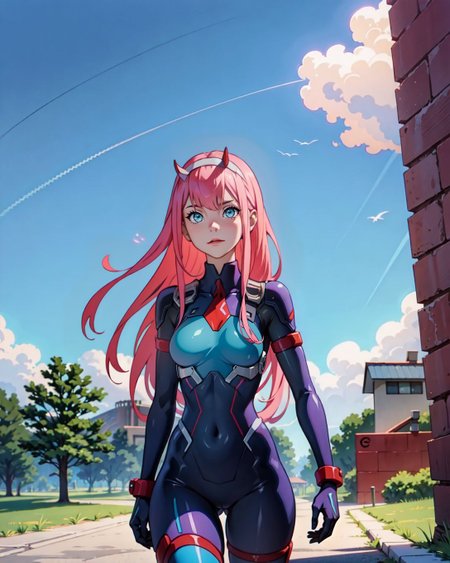 (<lora:Zero_Two_Darling:0.8> Zero_Two_Darling, :1.2), (full length 24 years old adult woman medium bosom:1.1), BREAK teal eyes, ,  (Zero Two from Darling in the Franxx style of Seb Janiak), vivid magenta hair, teal blue eyes, armored bodysuit, chrome accents, sharp metallic horns, dynamic action pose, dystopian battlefield ruins, glowing blue sky, smoke, futuristic mech silhouettes, dramatic shadows, intense determination