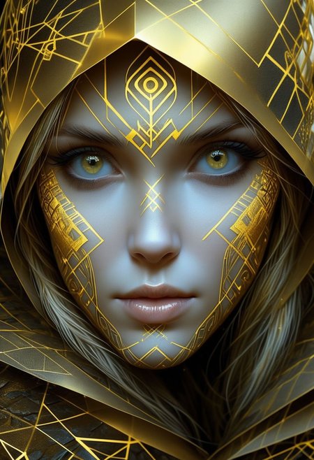 Nordic Rune letter golden on girls face, close-up, by Minjae Lee, Carne Griffiths, Emily Kell, Steve McCurry, Geoffroy Thoorens, Aaron Horkey, Jordan Grimmer, Greg Rutkowski, amazing depth, double exposure, surreal, geometric patterns, intricately detailed, bokeh,  perfect balanced, deep fine borders, artistic photorealism , smooth,  great masterwork by Suiras  <lora:add-detail-xl:2>  <lora:Double_Exposure:0.5>