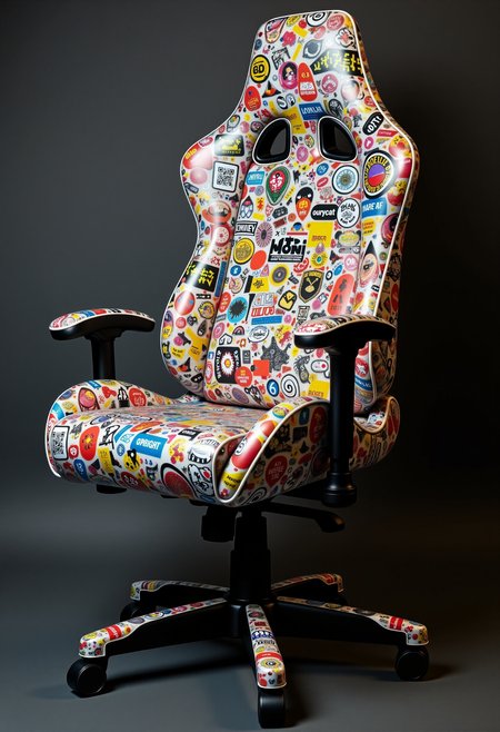 A gaming chair completely covered in a chaotic collage of colorful stickers. The stickers vary in size, shape, and theme—ranging from pop culture references and graffiti art to cartoon characters, logos, and abstract symbols—overlapping to create a vibrant, layered texture that obscures the chair's original surface. The chair sits against a simple, dark background that heightens the contrast with the bright, eye-catching sticker designs. The overall aesthetic is playful, rebellious, and full of personality, capturing a youthful, urban vibe.