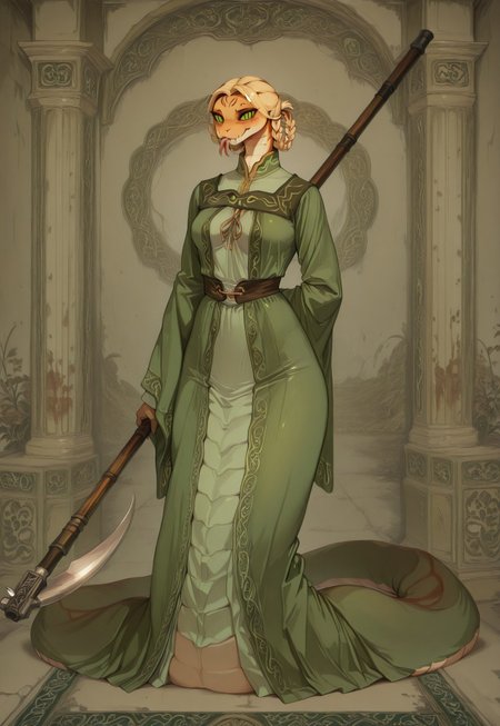 masterpiece,best quality,amazing quality, indoors, pillar
<lora:Anthropomorphic_snakes_Naga:1> anthropomorphic_snakes_(naga), 
ry4, blonde hair, braid, green eyes, braided hair rings, mole under mouth, slit pupils, solo
green dress, wide sleeves
smile, forked tongue, long tongue, tongue out, closed mouth, siiesfrtdeer, looking at viewer, grin, smug,
black aura, black energy, blood stain, casting spell, fighting stance, dynamic pose, foreshortening, standing, holding scythe, flaming weapon, menacing, full body,
dynamic pose, dutch angle, dynamic angle
<lora:Rya:1>,  <lora:forkedtongue_Illust_v1:1>,   <lora:Chinoiserie_Illu_Style:1> Chinoiserie, no humans, colored skin, fangs, facial mark, slit pupils, furry, colored sclera, black sclera, snake, scales, furry female, multicolored skin, snake girl, alien, lamia, squama, Snakegirl, Chinoiserie,  <lora:reptiloids_sdxl_v05_495-15-0:0.4> reptiloid, snake head,