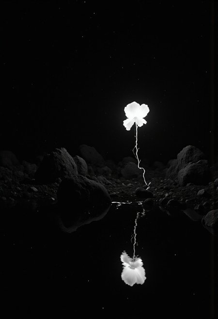 infrared image, zavy-flrscnt, black and white, monochrome, macrophotography photo of a small glowing white flower on an all black plant, the plant is alone and growing on a small alien rocky barren asteroid next to a tiny puddle of water, the glowing florescent flower reflecting in the small puddle, cosmic galaxy stars visible in the background, the glowing flower is the only source of light on the asteroid, Frank Frazetta fantasy oil painting